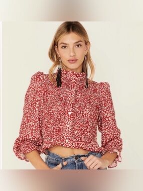 WORN ONCE Beyond the Radar Red Floral Smocked Western Top Size Medium